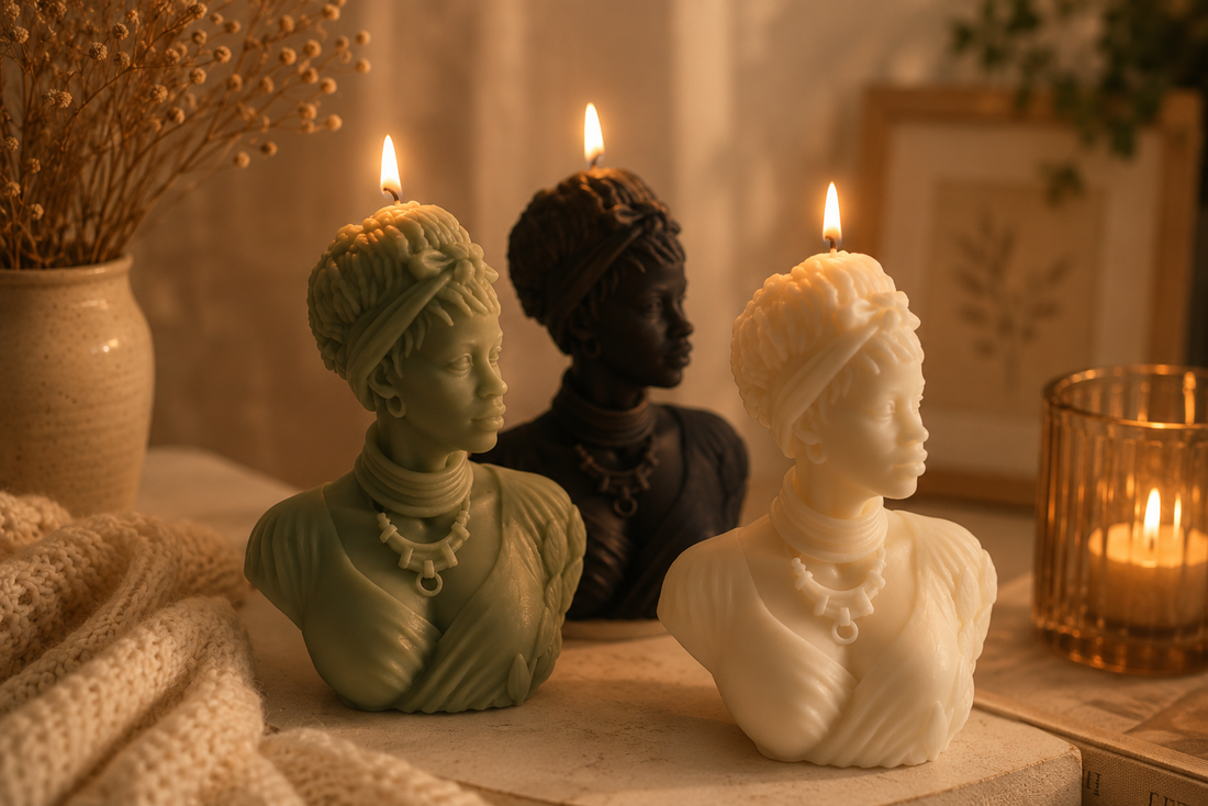 Handmade Afro Lady sculptural soy candle, an example of a unique housewarming gift