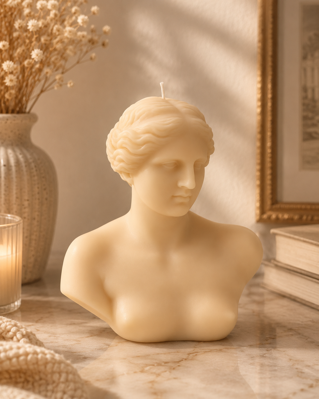 Venus de Milo sculptural soy wax candle bust displayed on a table