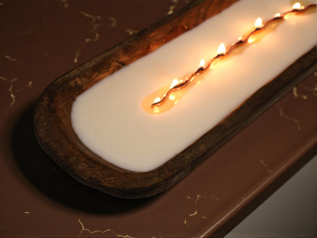 Handmade wooden dough bowl soy candle with a wavy wooden wick