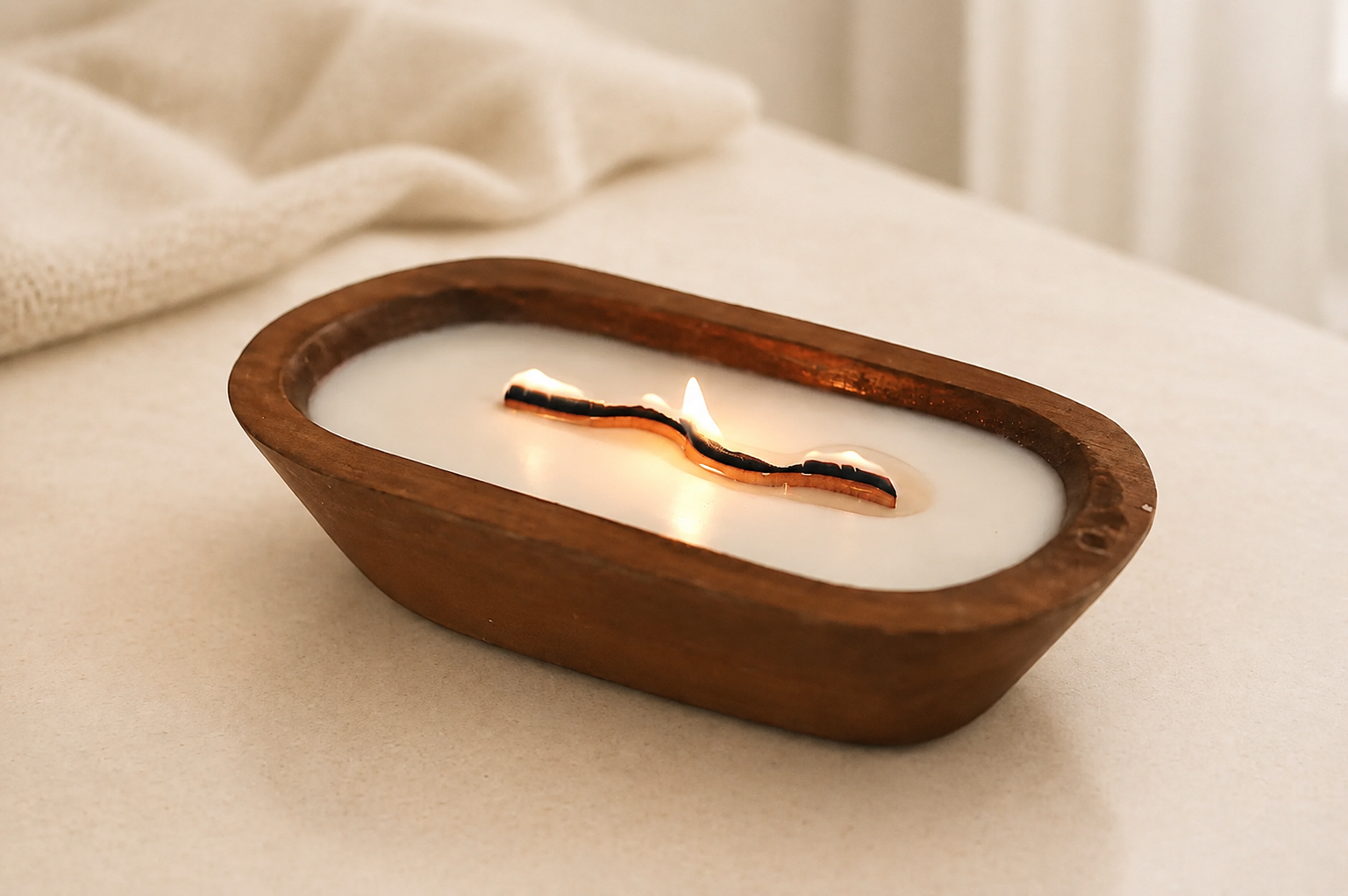 Wooden Dough Bowl Candle with Wavy Wooden Wick