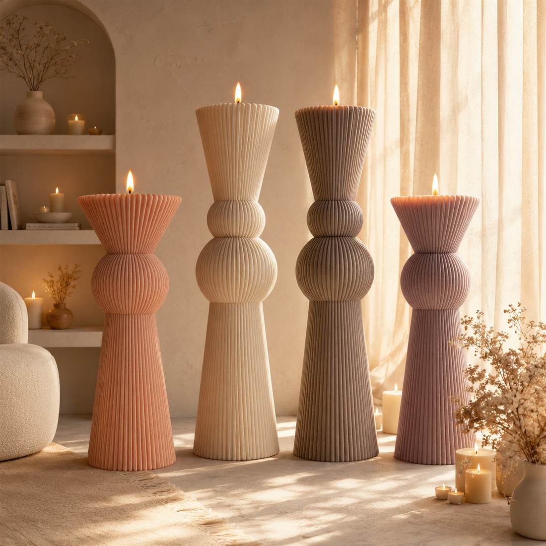 Set of 2 HUGE Modern Ribbed Pillar Candle handmade soy candle - Agaboo Candles