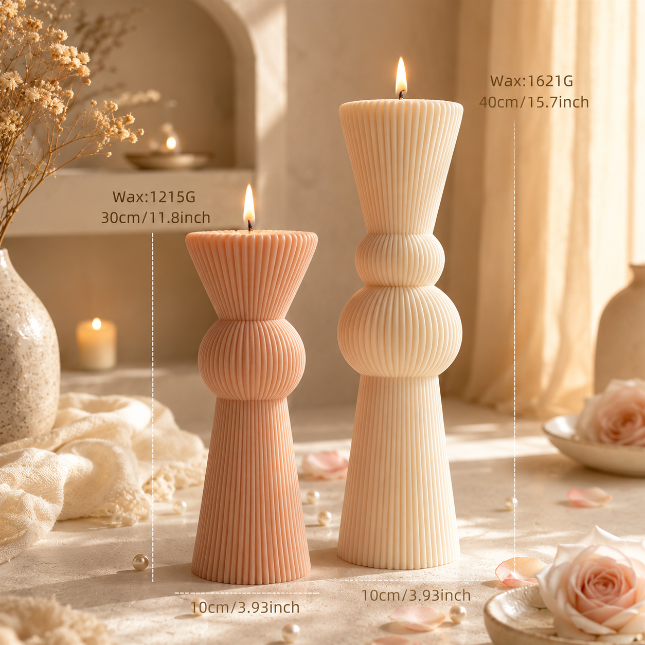 Set of 2 HUGE Modern Ribbed Pillar Candle