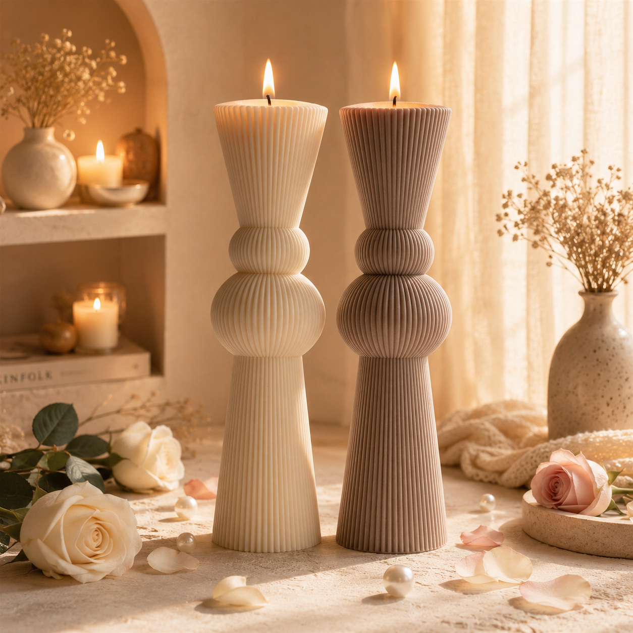 Set of 2 HUGE Modern Ribbed Pillar Candle