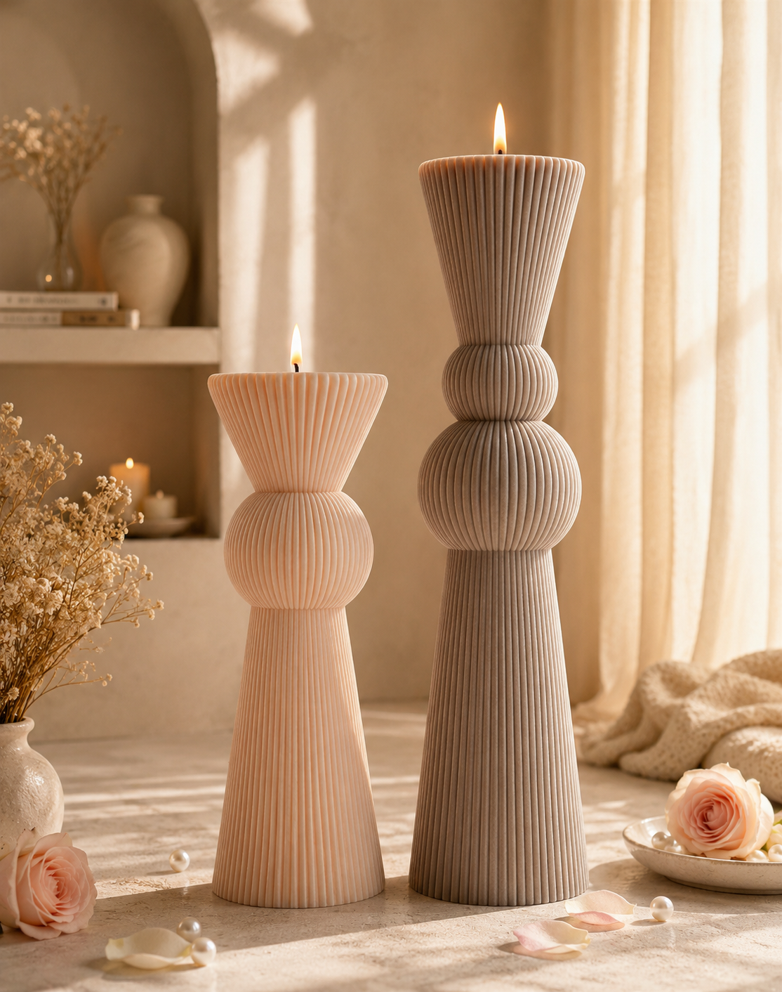 Set of 2 HUGE Modern Ribbed Pillar Candle