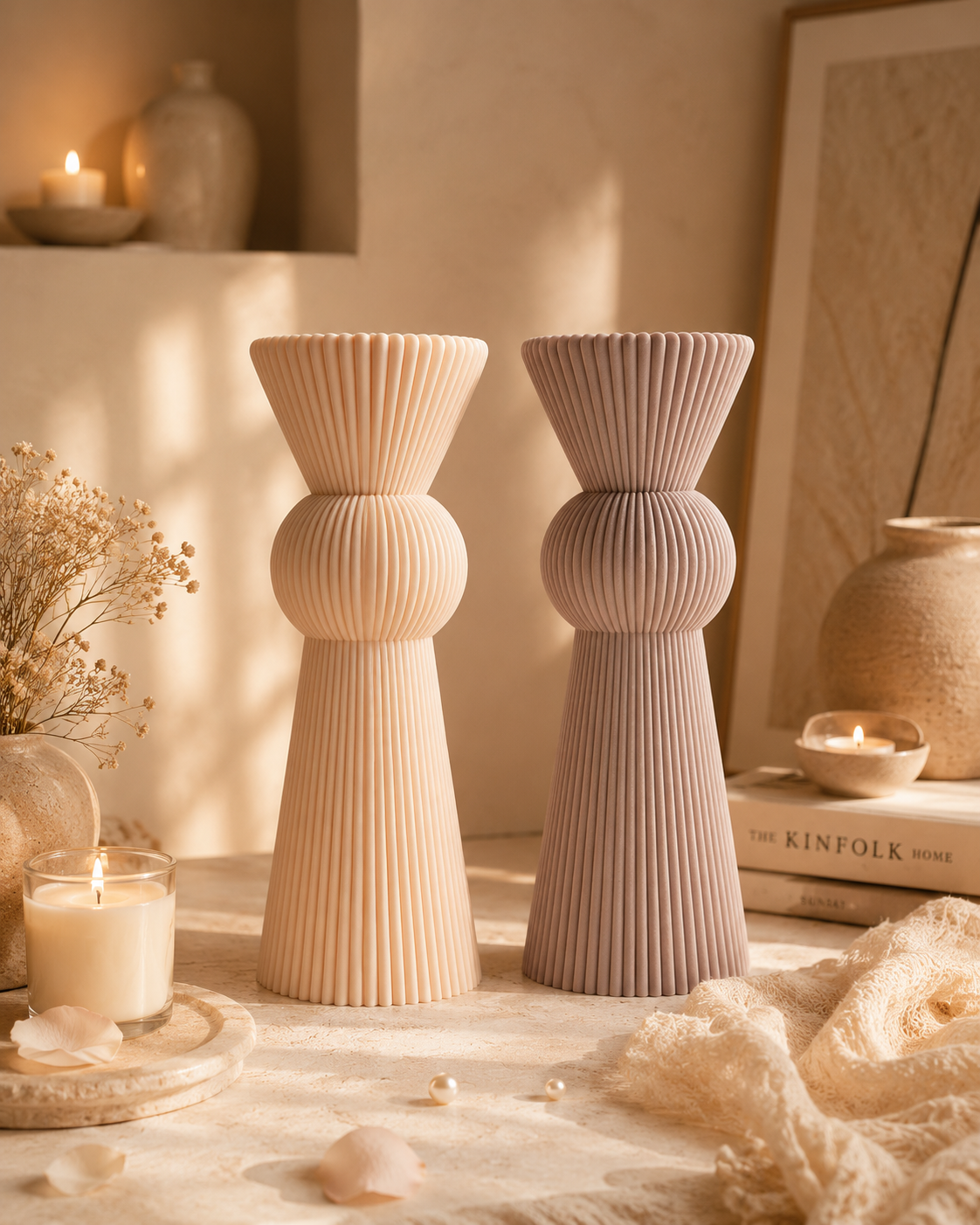 Set of 2 HUGE Modern Ribbed Pillar Candle