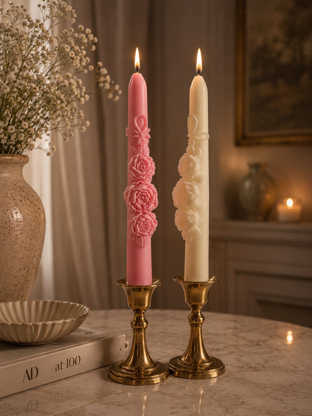 Rose Decorated Taper Candle