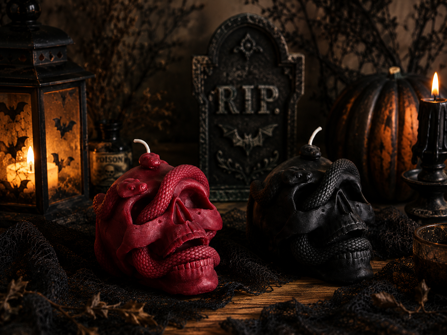 Skull with Snake Pillar Candle