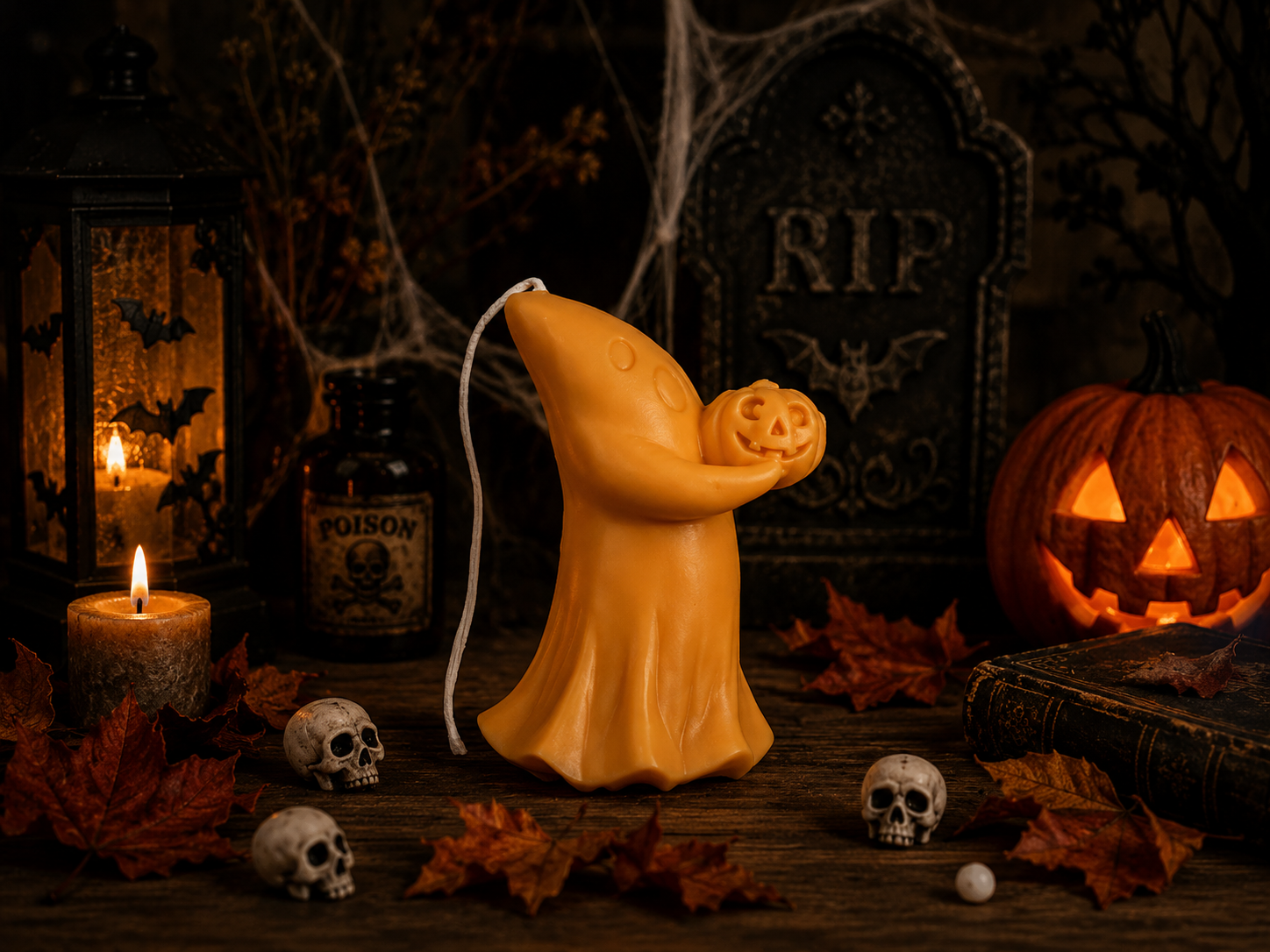 Spooky Ghost with Pumpkin Candle