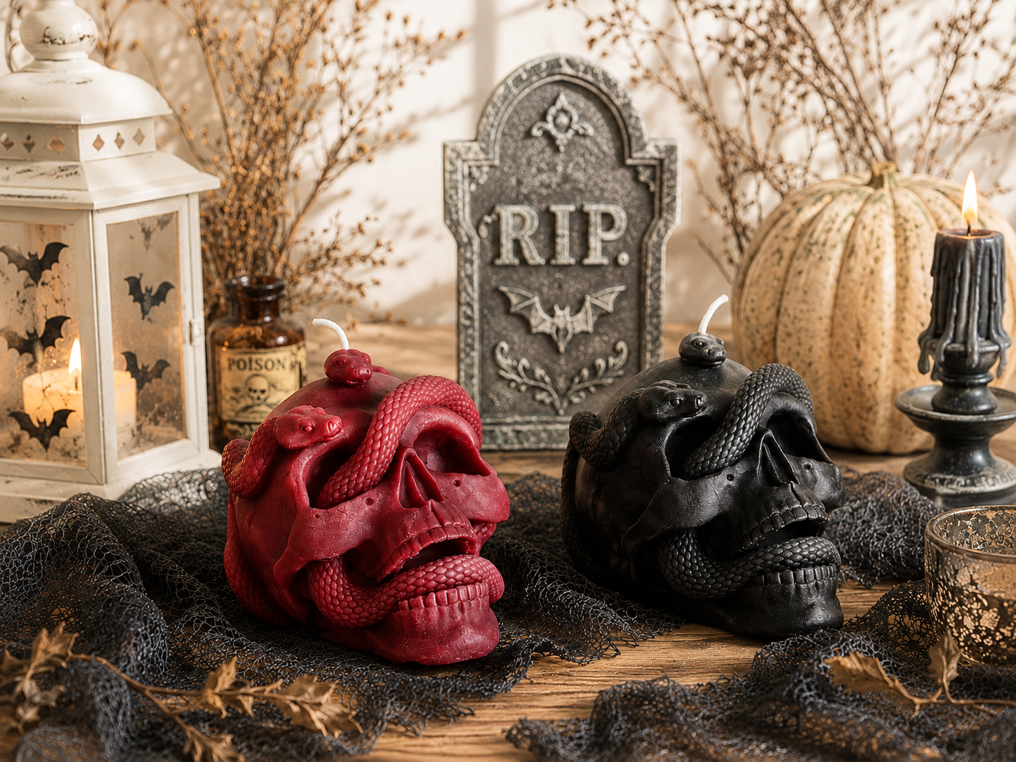 Skull with Snake Pillar Candle