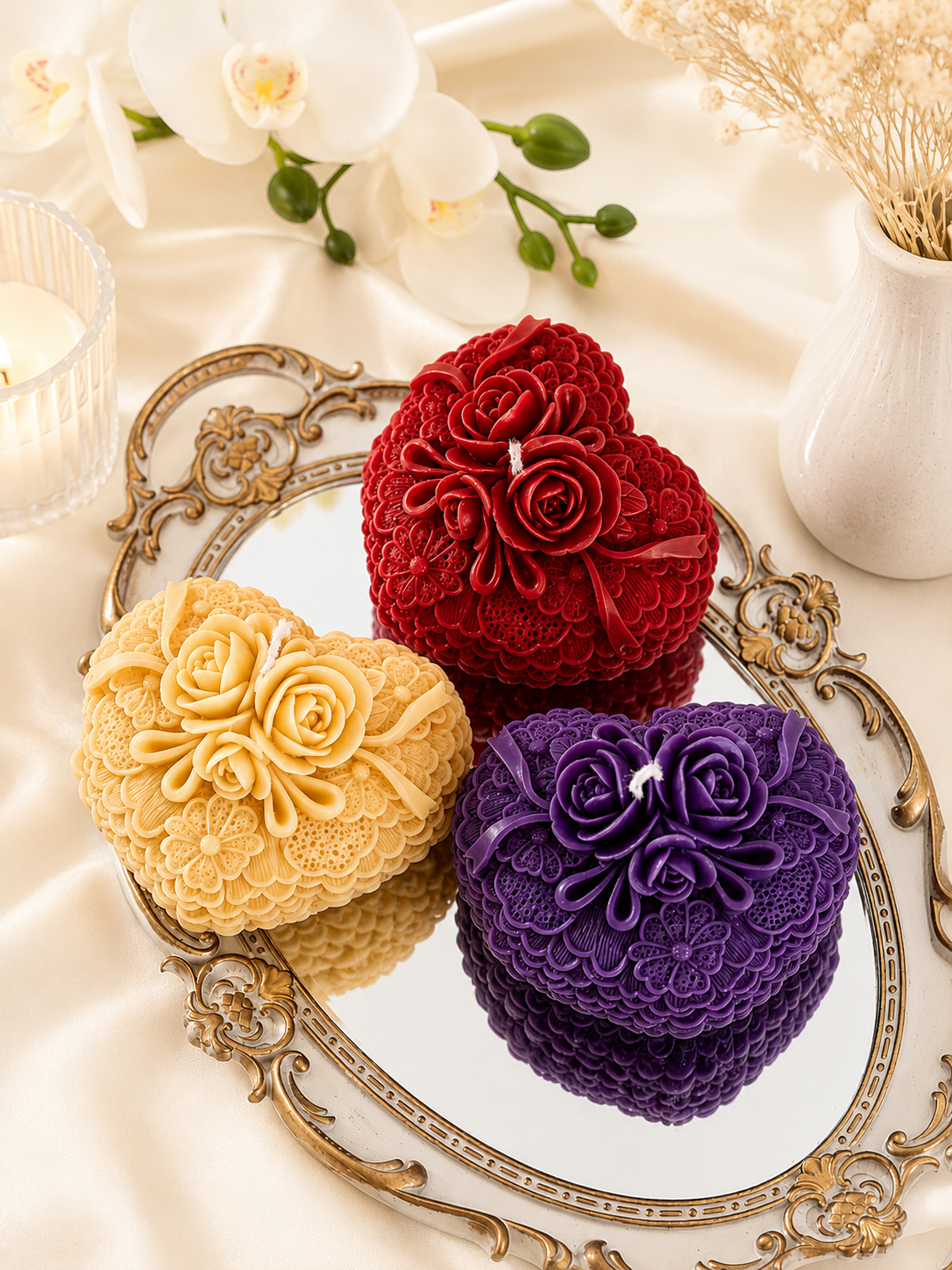 Rose-Adorned Heart Candle