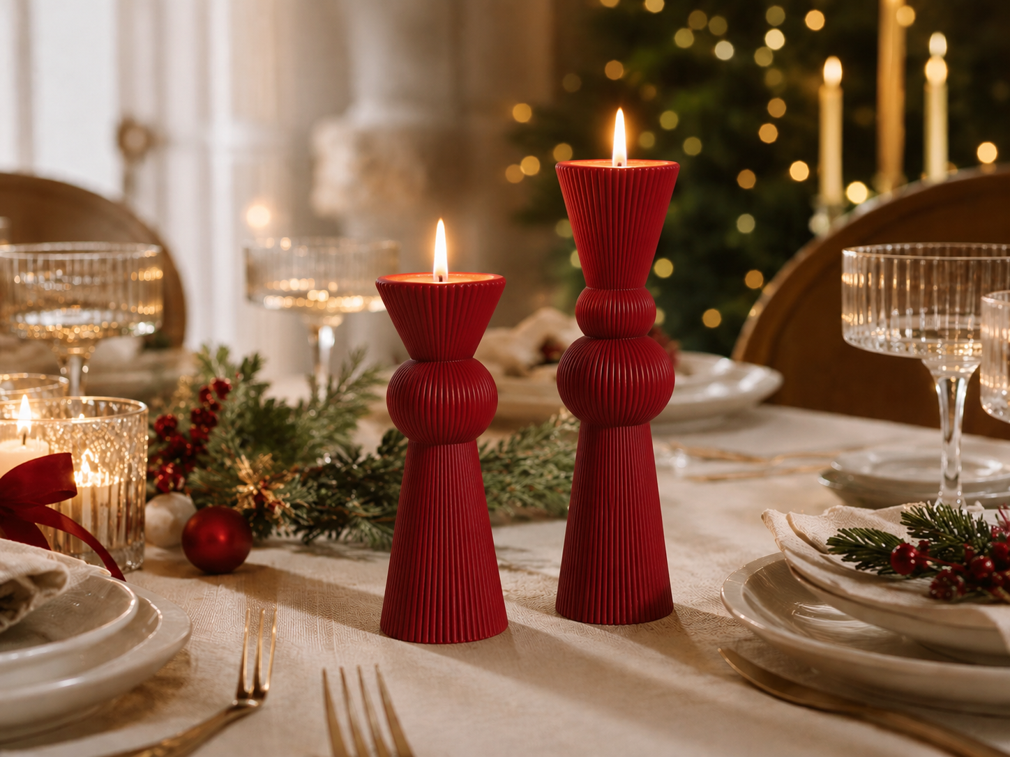 Set of 2 Chic Roman Ribbed Pillar Candle