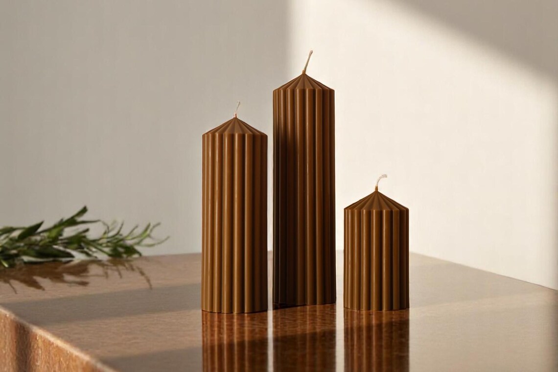 Set of 3 Textured Ribbed Pillar Candle