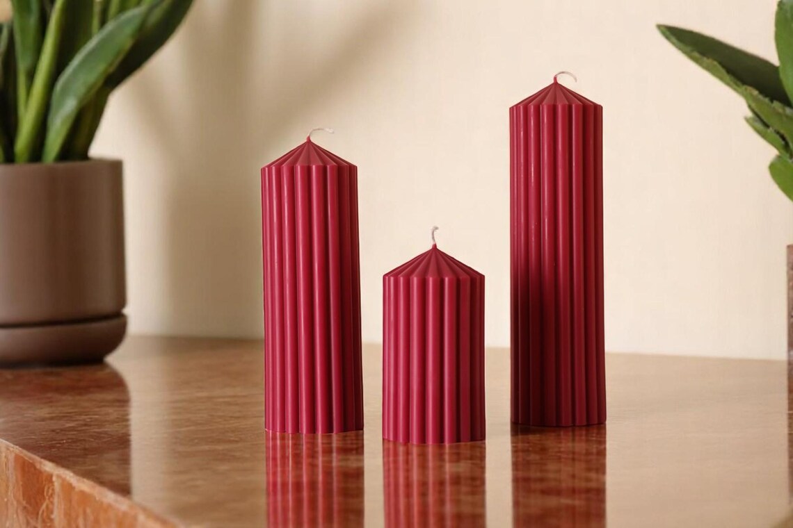 Set of 3 Textured Ribbed Pillar Candle