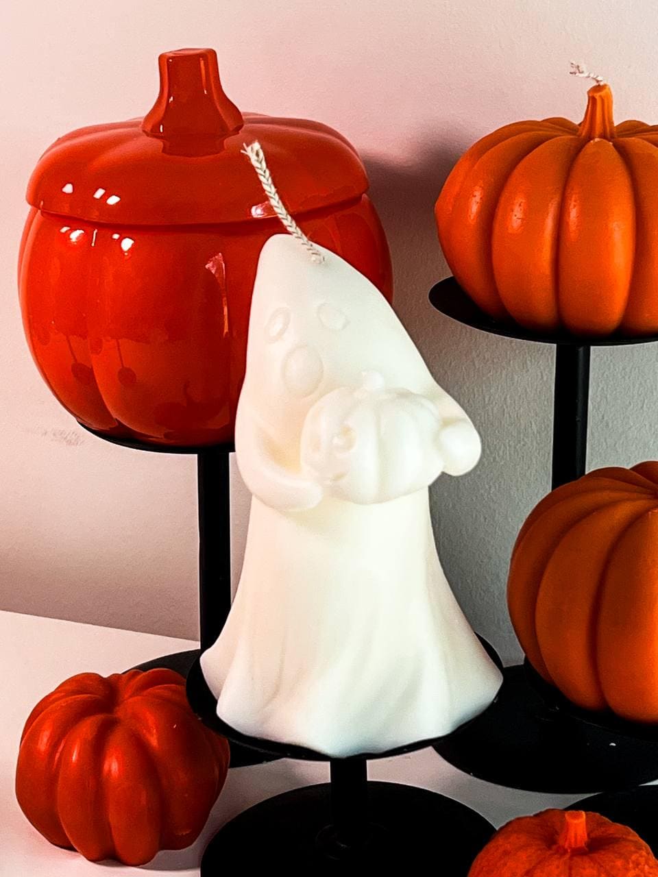 Spooky Ghost with Pumpkin Candle