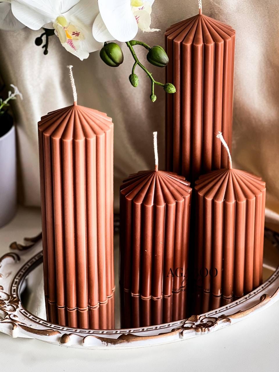 Set of 3 Textured Ribbed Pillar Candle