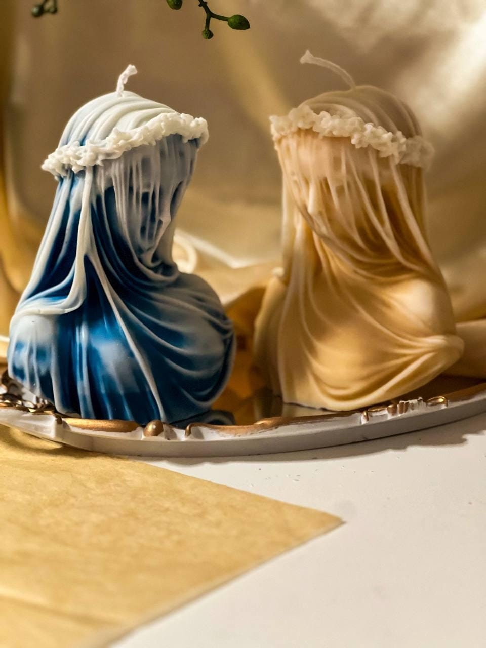 Huge Marble Virgin Veiled Lady Candle