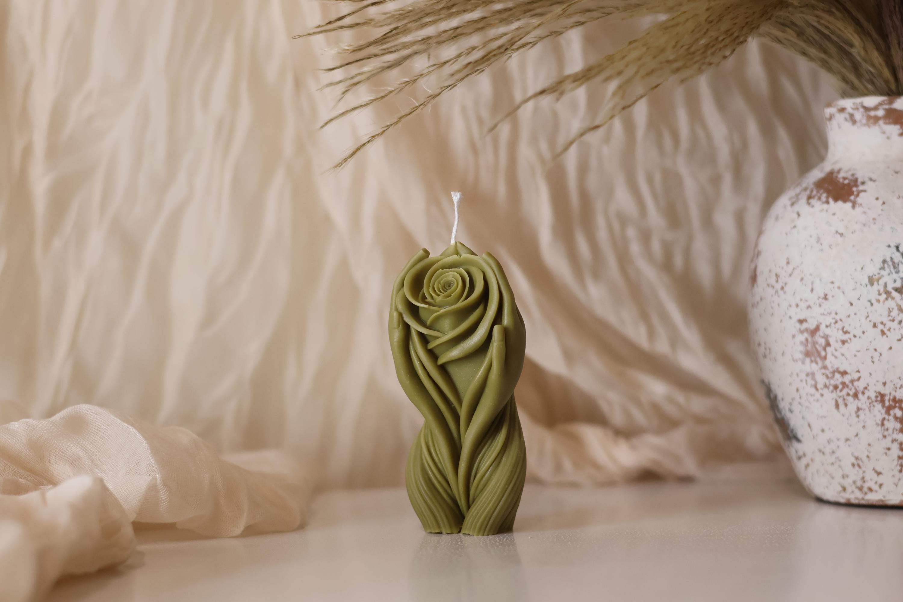 Hands Holding Rose Candle 4x1.5 inches