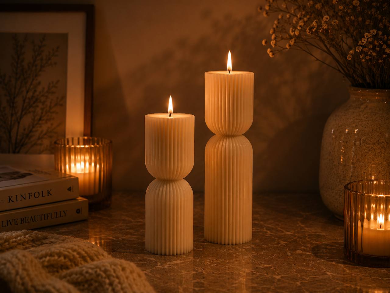 Set of 2 Ribbed Pillar Candle